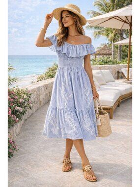 Tory Burch Striped Off-Shoulder Dress Ruffle Eyelet Embroidered Sz 2 Resort